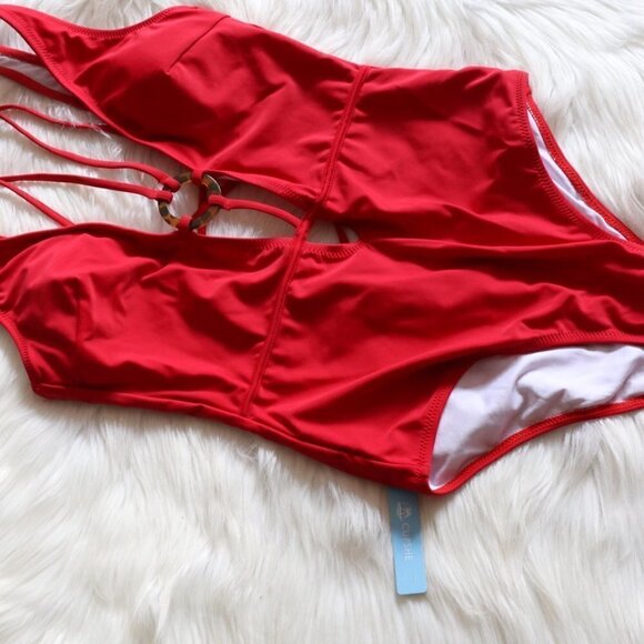 NEW Red Strappy Sexy Lace Up One Piece Swimsuit Size Medium - Picture 4 of 9